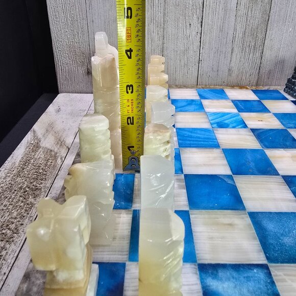 Vtg Aqua Blue White Marble Chess Board Carved Pieces Complete Set 13.5" x 13.5" - Picture 15 of 15
